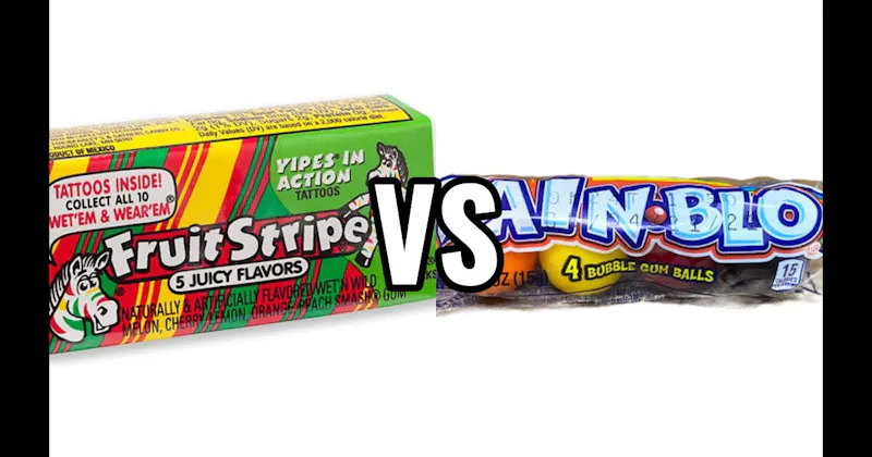 Fruit Stripe Gum vs. Rain-Blo