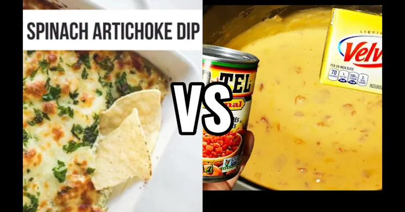 Spinach Artichoke Dip vs. Velveeta + Rotel Dip