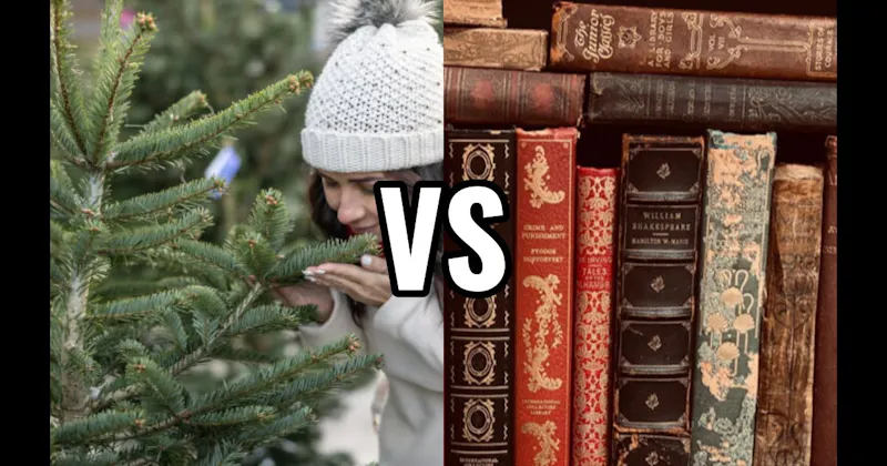 Old Books vs. Pine / Christmas Tree