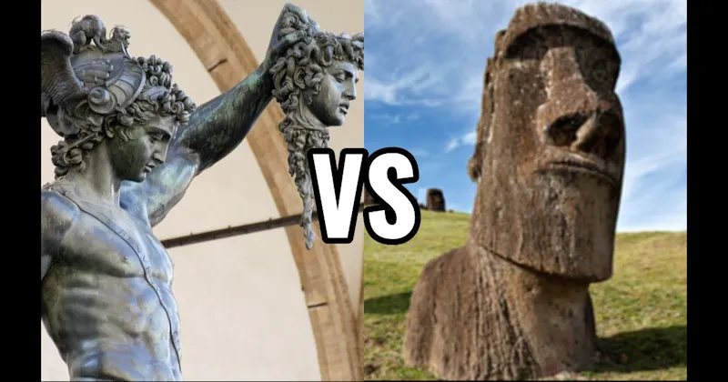Moai of Easter Island vs. Perseus with the Head of Medusa