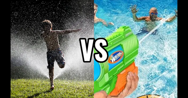 Run Through Sprinkler vs. Water Gun / Super Soaker Fight
