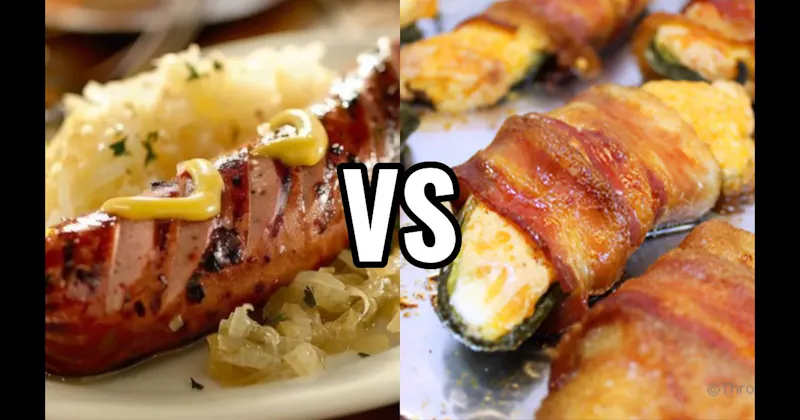 Bacon-Wrapped Jalapeño Poppers vs. Brats with Sauerkraut & Mustard