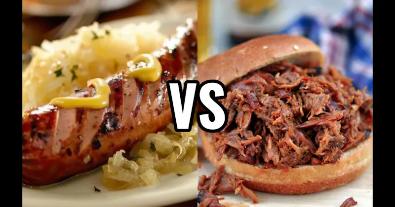 Brats with Sauerkraut & Mustard vs. Pulled Pork Sandwiches