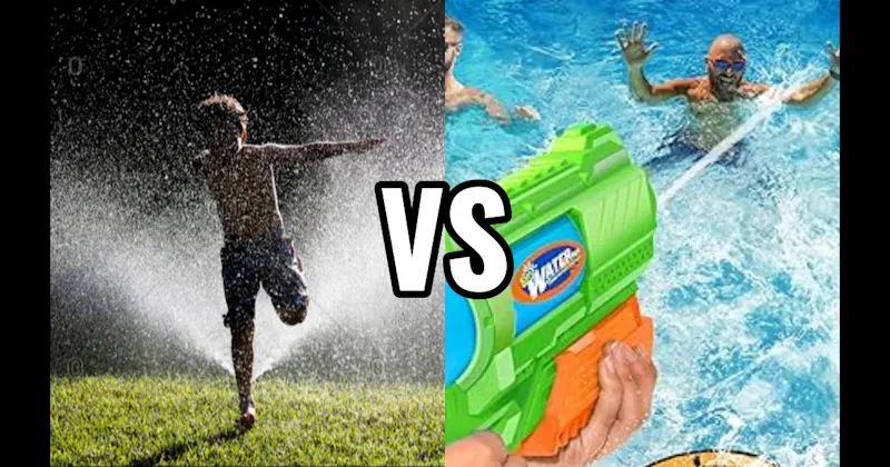 Run Through Sprinkler vs. Water Gun / Super Soaker Fight